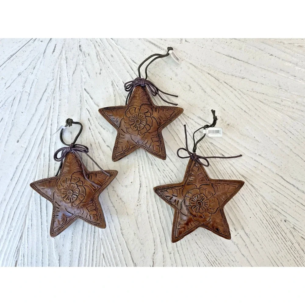 NWT Set of 3 Resin Cowboy Christmas Western Stars Ornaments Leather Look